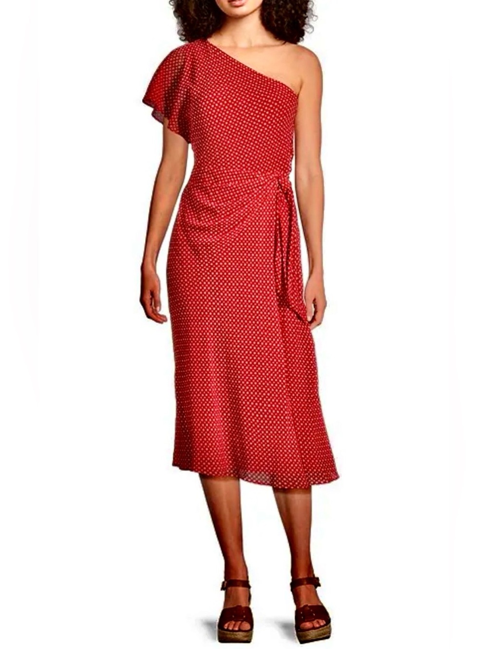 Ralph Lauren One-Shoulder Red Dress with Ivory Diamond Print